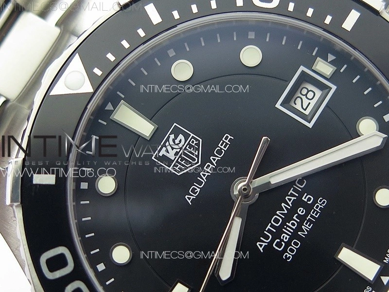 Aquaracer Calibre 5 41.5mm TARF 1:1 Best Edition Black Dial Black Bezel on SS Bracelet SW200